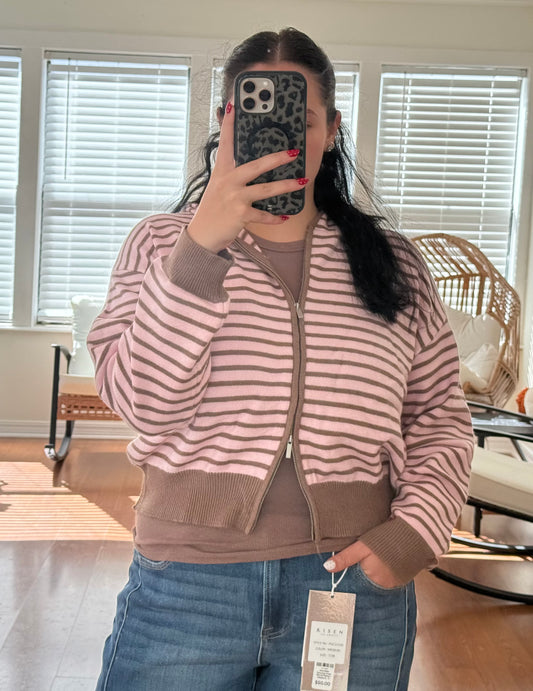 Striped Zip Up Knit Hoodie - Pink + Brown