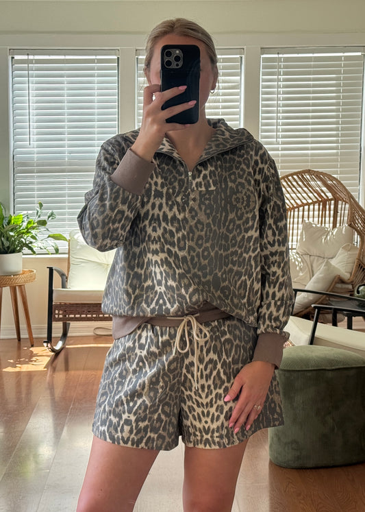 Leopard 1/4 Zip & Shorts Matching Set - Taupe