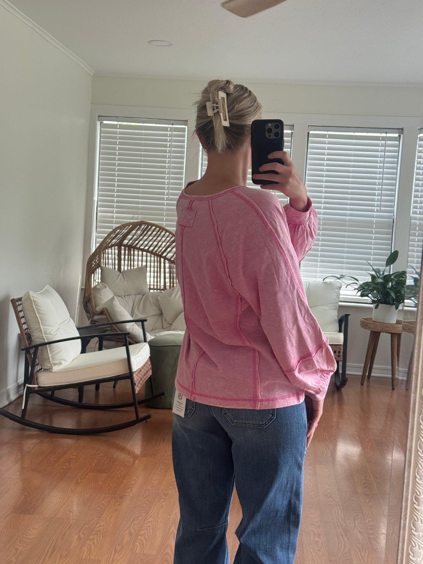 Raw Edge Seam Long Sleeve Top - Pink