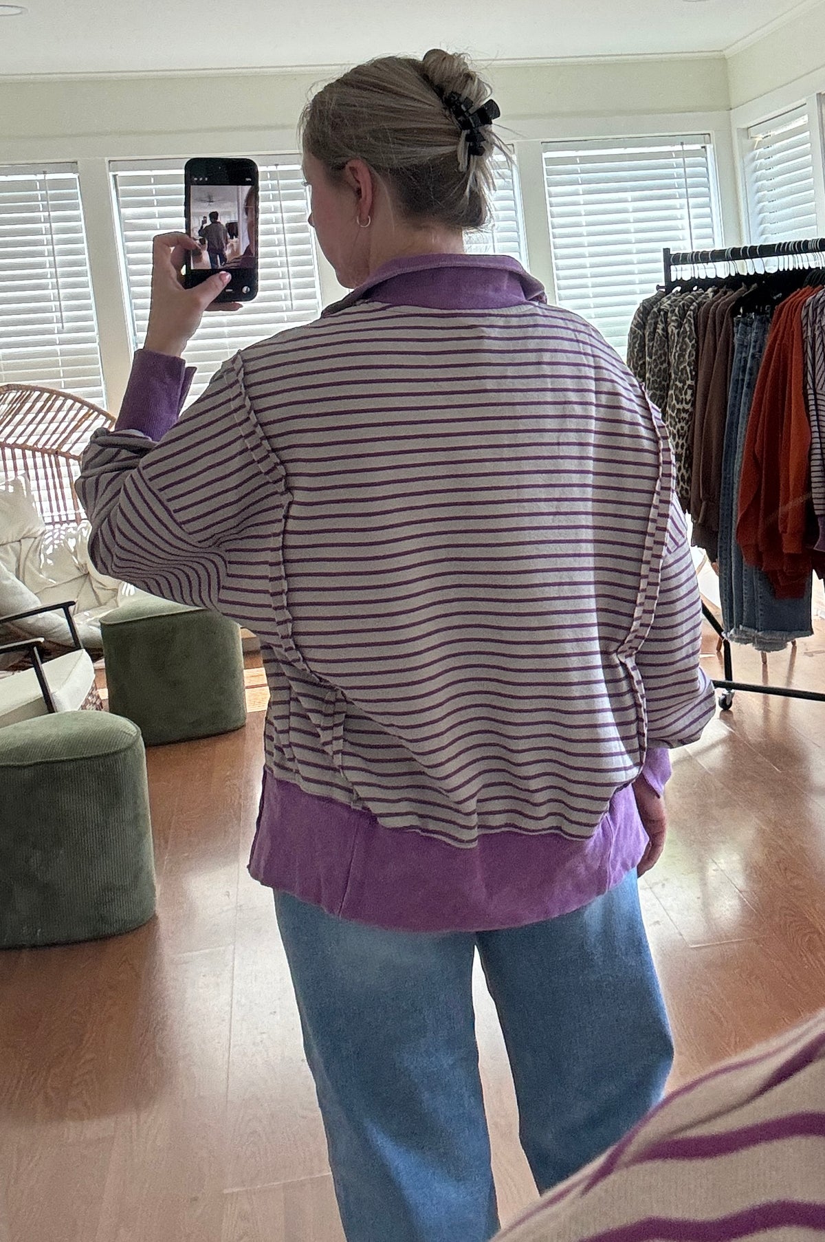 Striped Mineral Wash Button Pullover - Purple