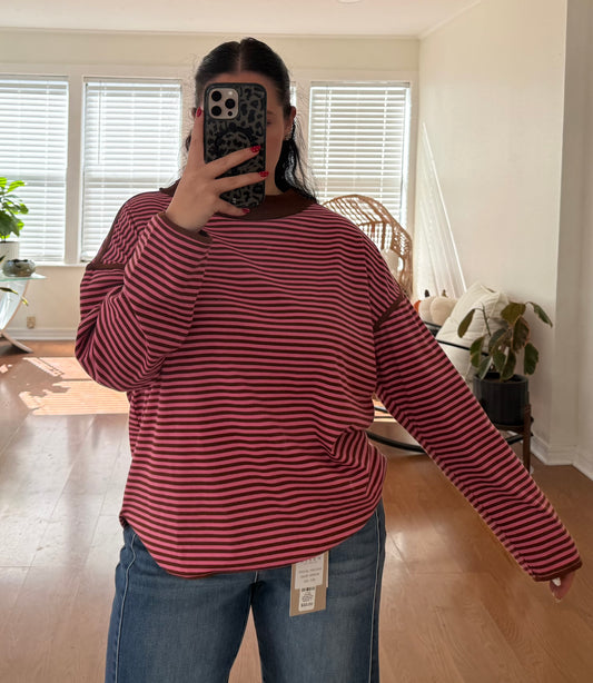 Oversized Contrast Trim Striped Top - Pink + Brown