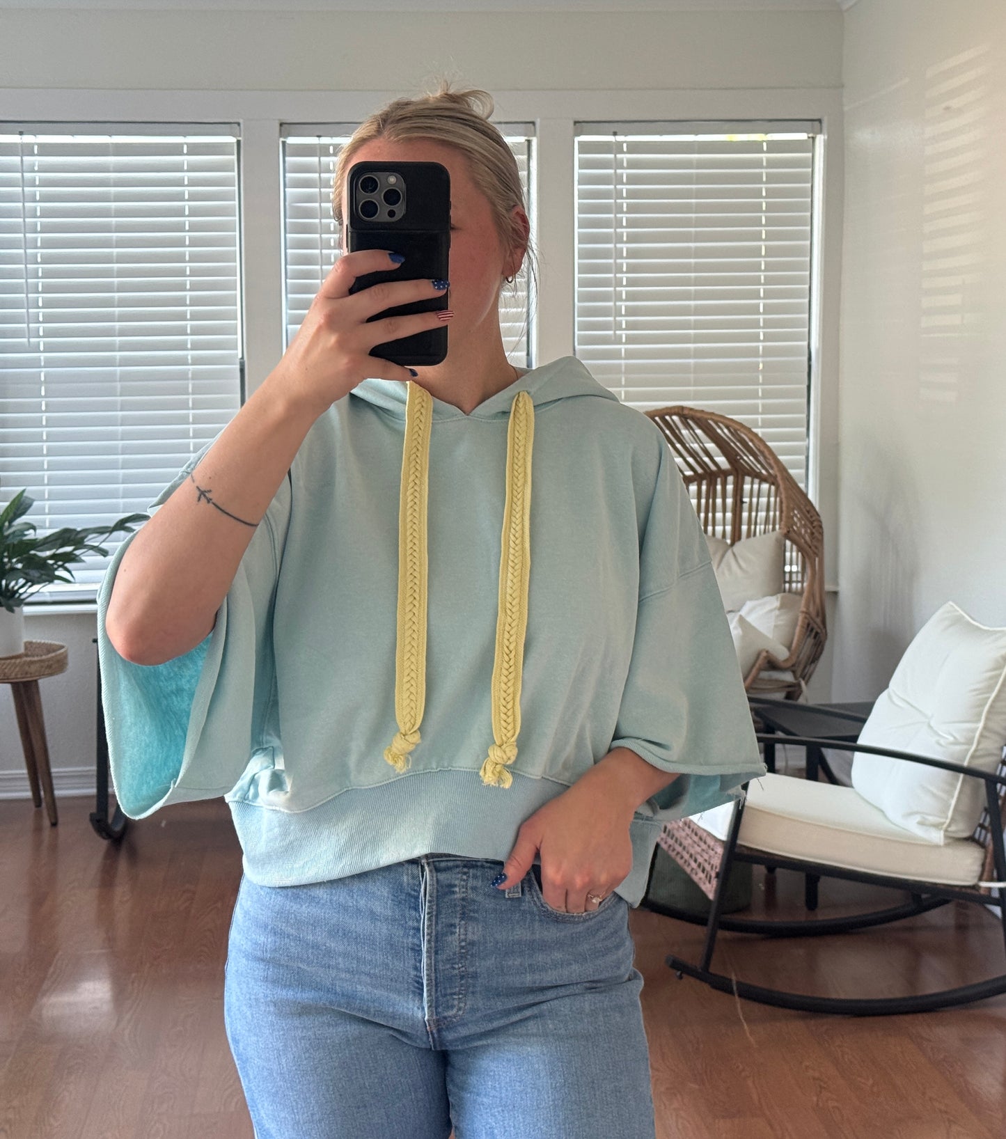 Short Sleeve Hoodie Top - Light Blue + Yellow