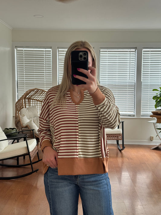 Vintage Striped Sweater Top - Mocha + Rust
