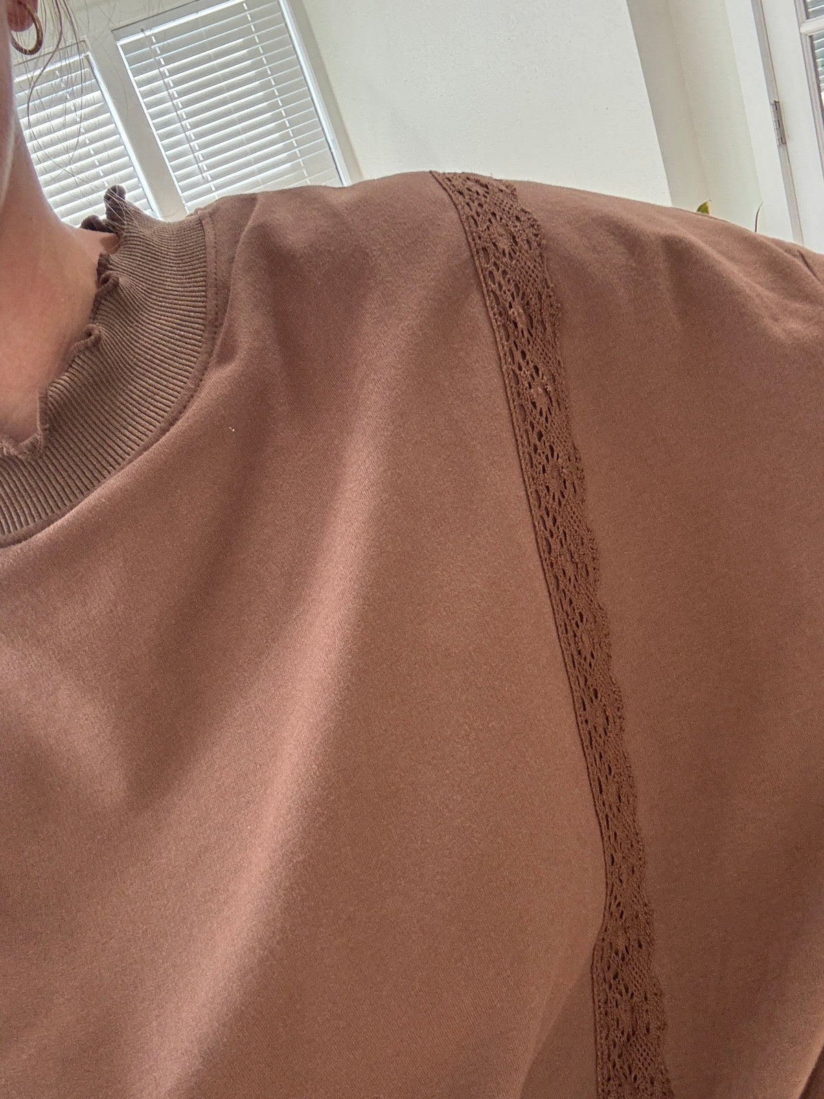 Lace Trim Sweatshirt & Shorts Matching Set - Mocha