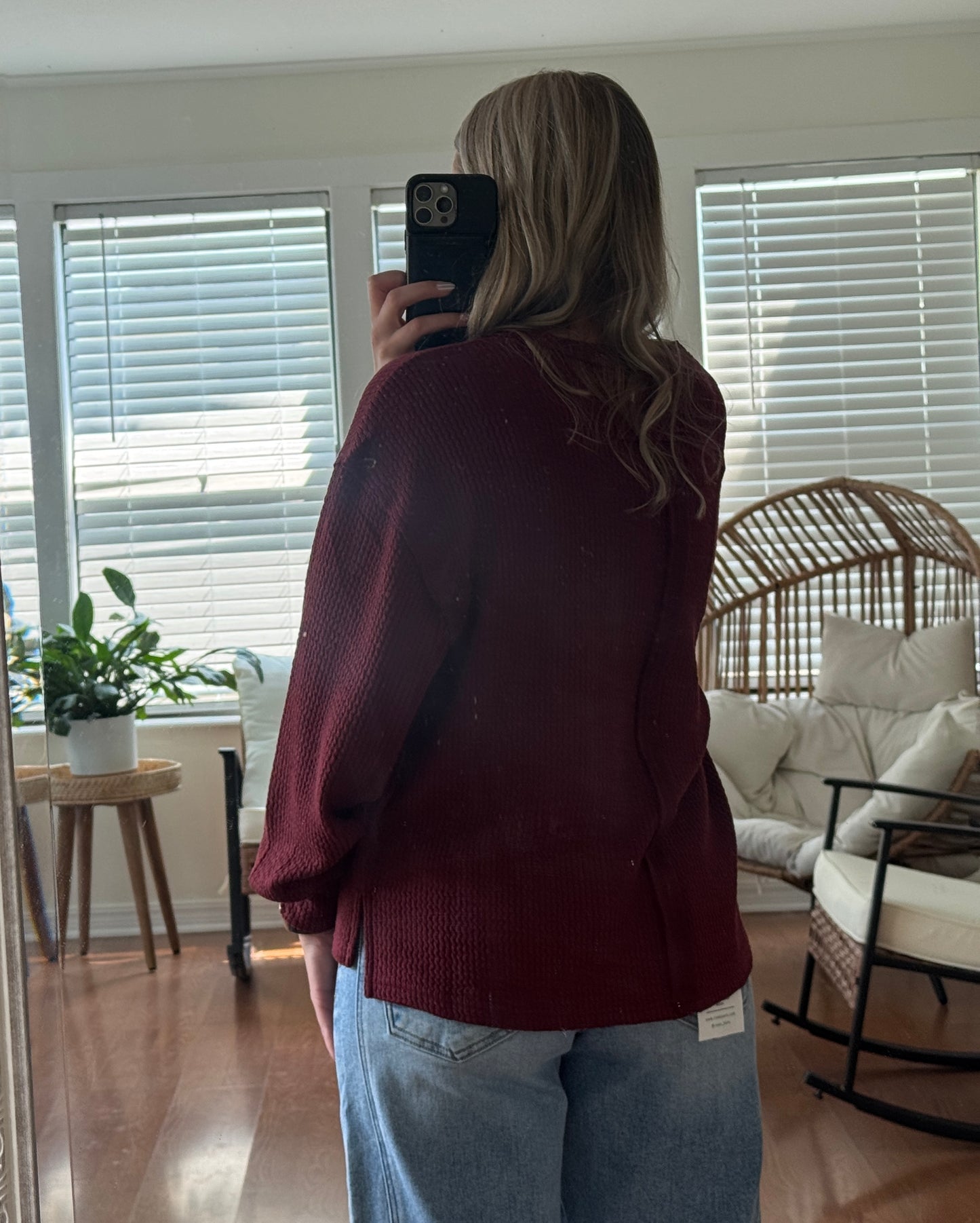 Textured Long Sleeve Knit Top - Burgundy