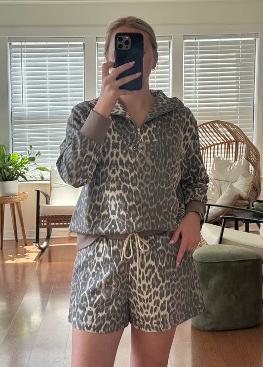 Leopard 1/4 Zip & Shorts Matching Set - Taupe