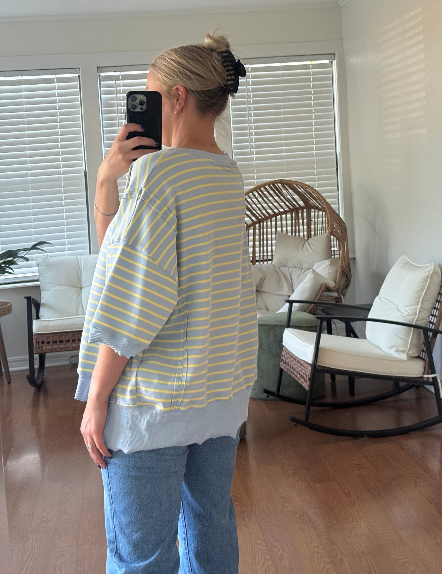 Striped Short Sleeve Sweatshirt - Light Blue + Yellow