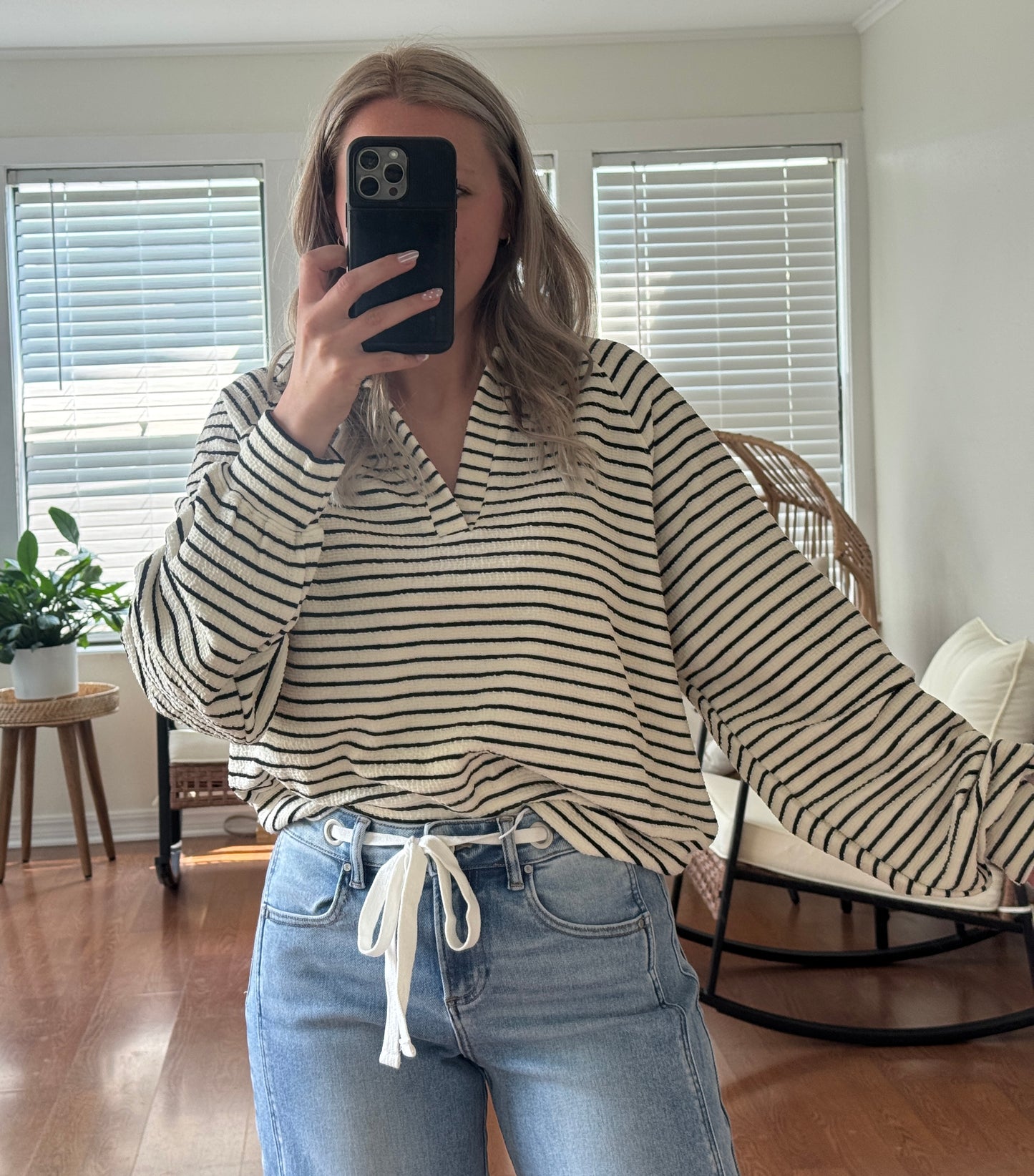 Striped Collared Sweatshirt - White + Black