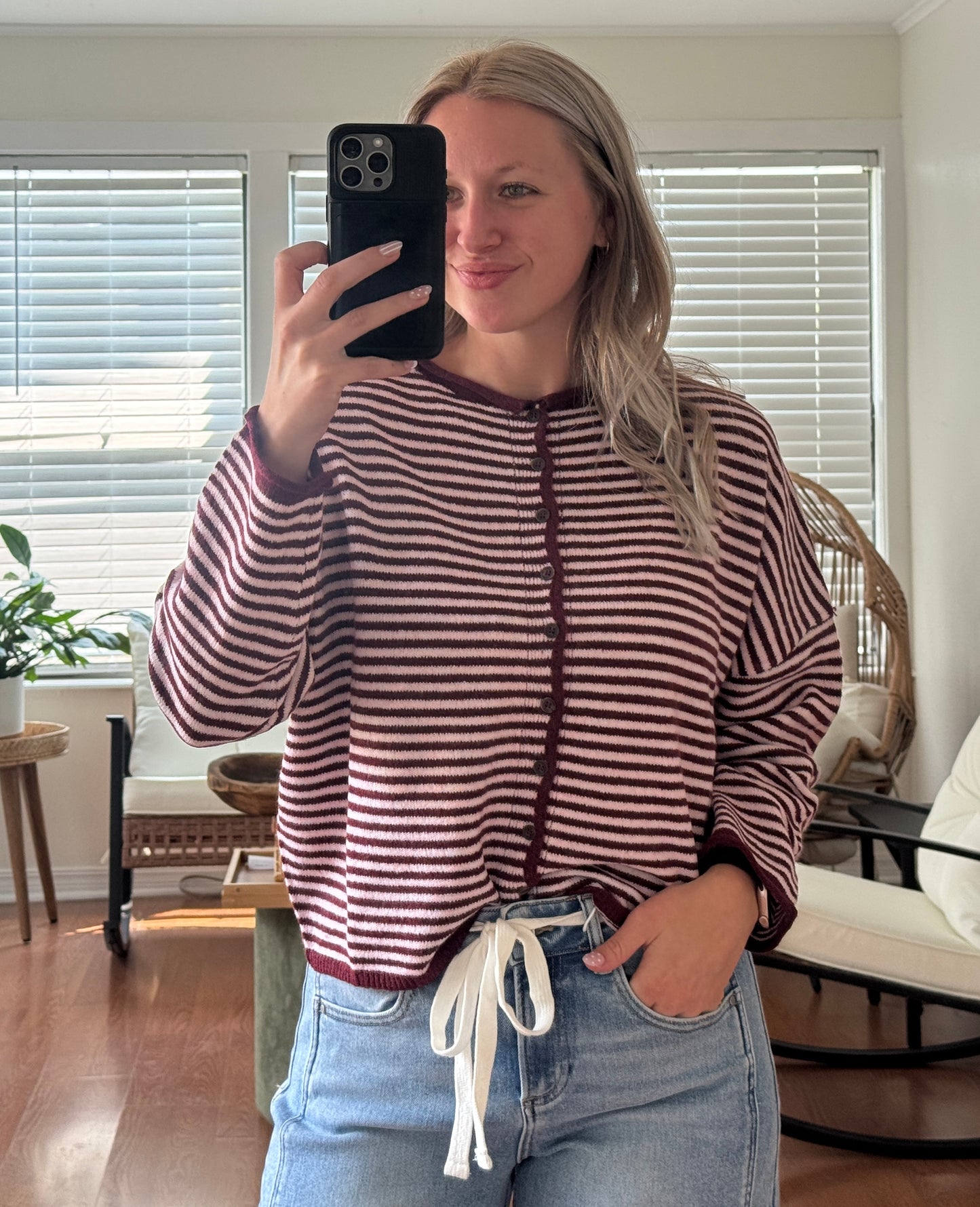 Stripe Raw Edge Knit Cardigan - Burgundy + Pink