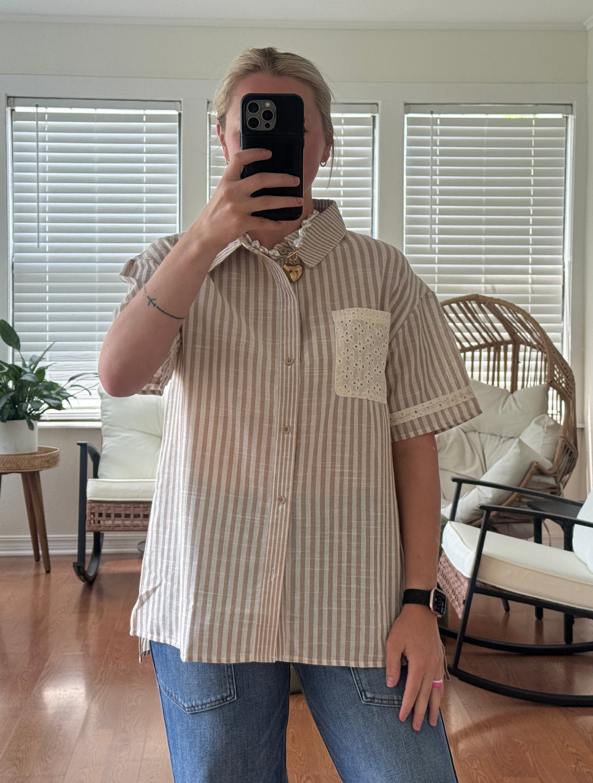 Striped Eyelet Button Blouse - Taupe