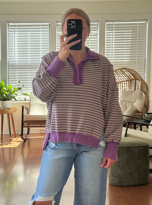 Striped Mineral Wash Button Pullover - Purple