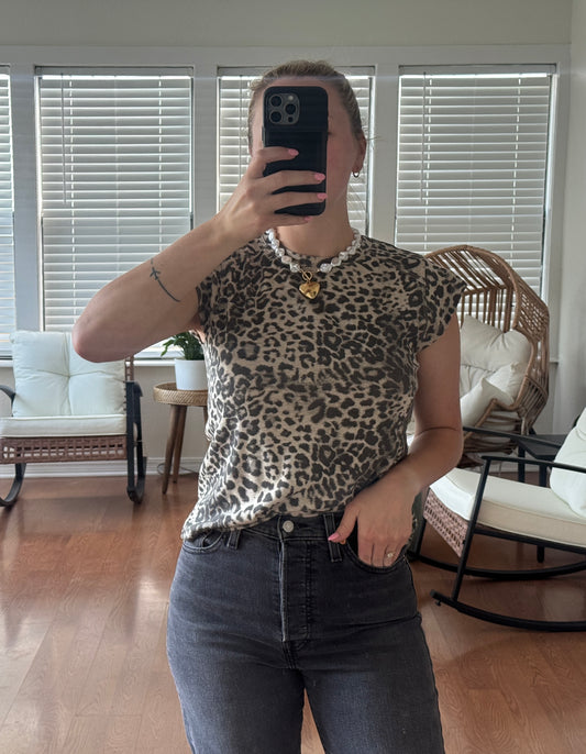 Leopard Cap Sleeve Tee - Tan + Gray