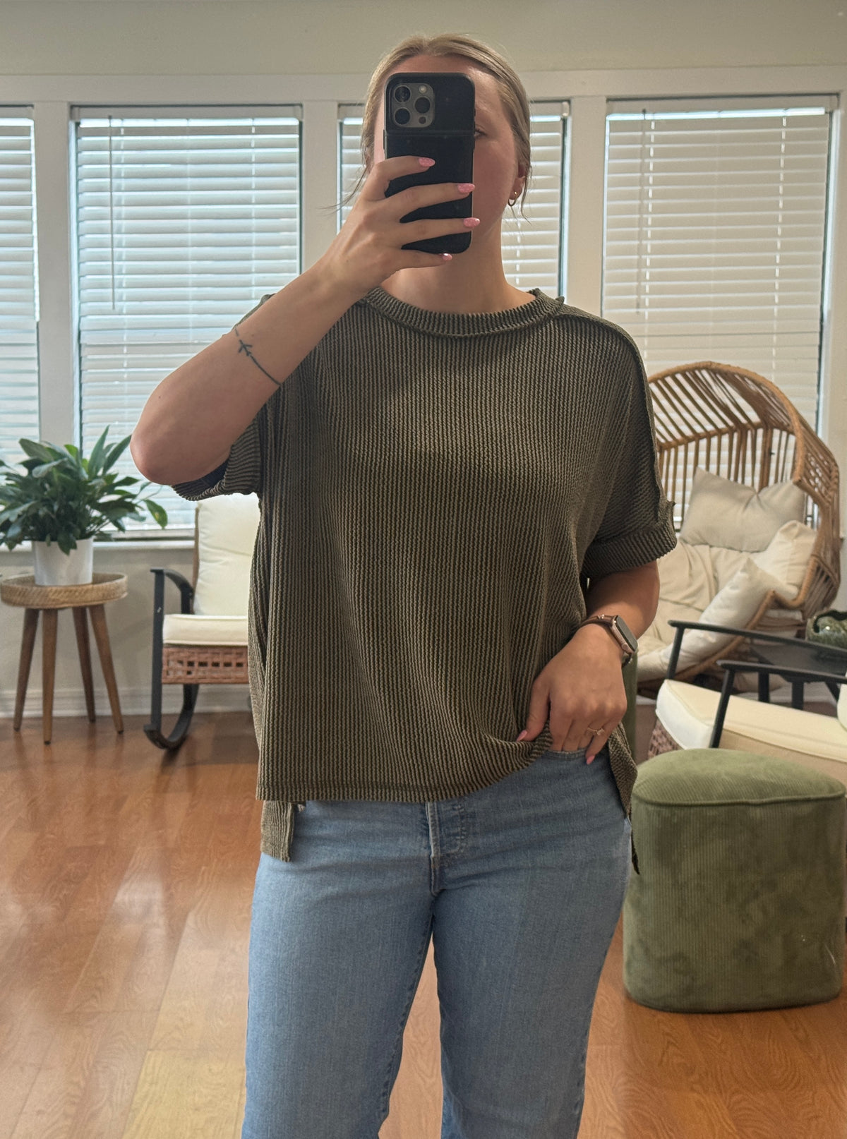 Ribbed Short Sleeve Tee - Olive Green