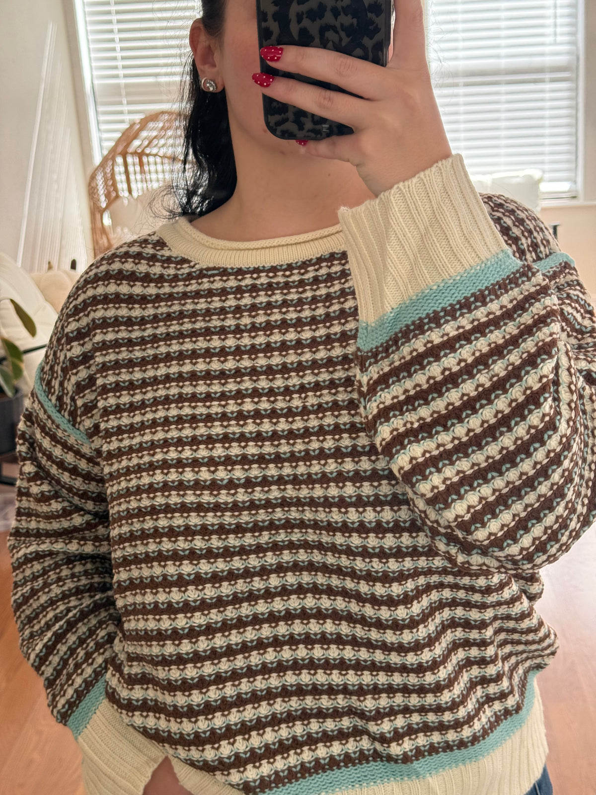 Striped Crochet Contrast Sweater - Blue + Brown