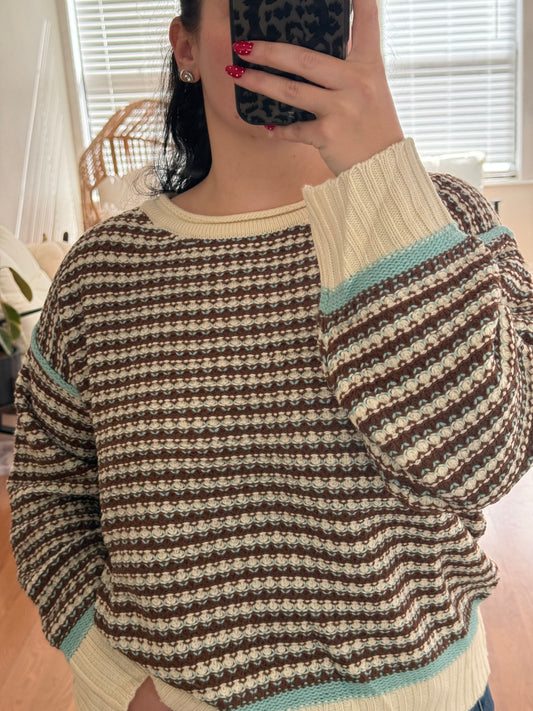 Striped Crochet Contrast Sweater - Blue + Brown