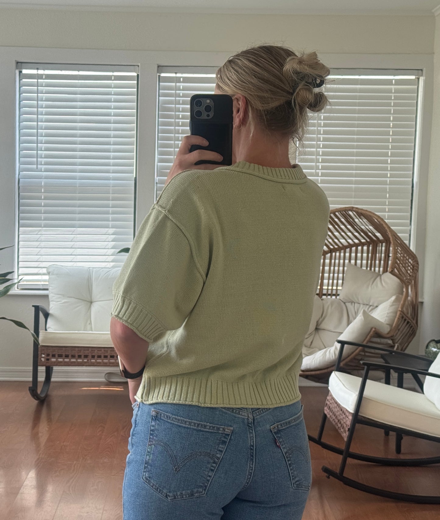 Short Sleeve Knit Cardigan - Olive Green