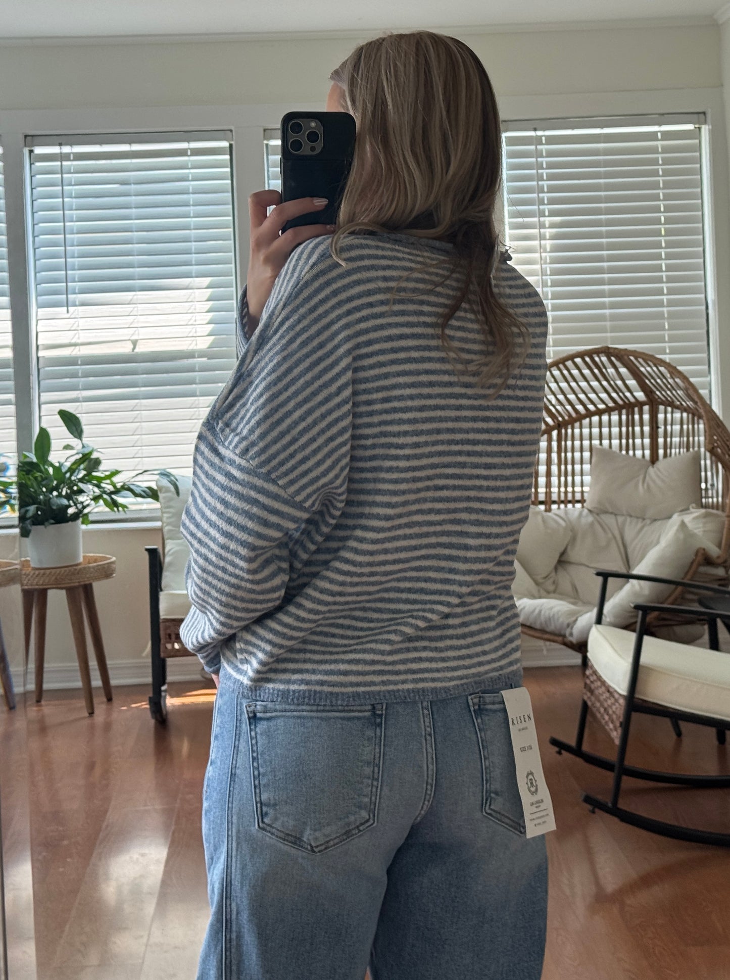 Stripe Raw Edge Knit Cardigan - Dusty Blue + White