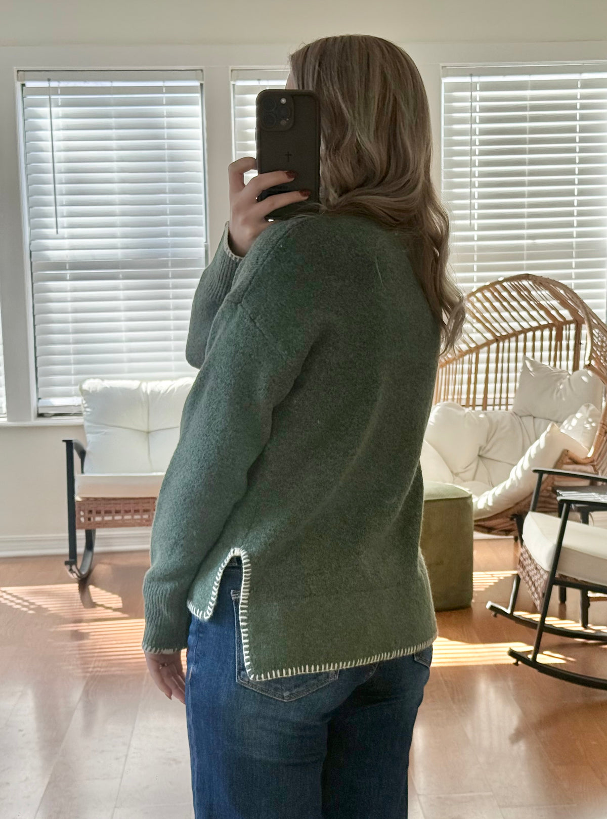 Contrast Stitch Wool Sweater - Green
