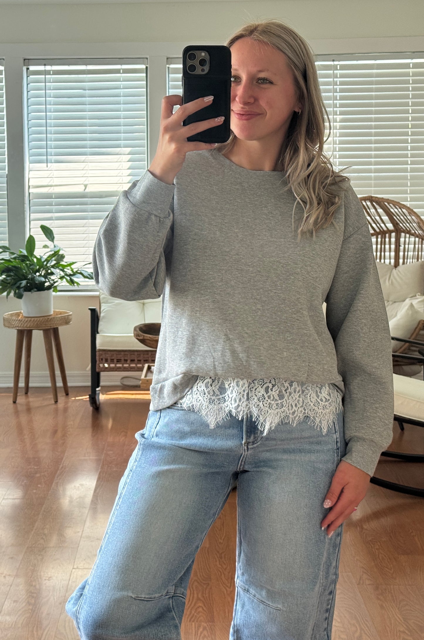 Crewneck Sweatshirt w/ Lace Hem - Gray