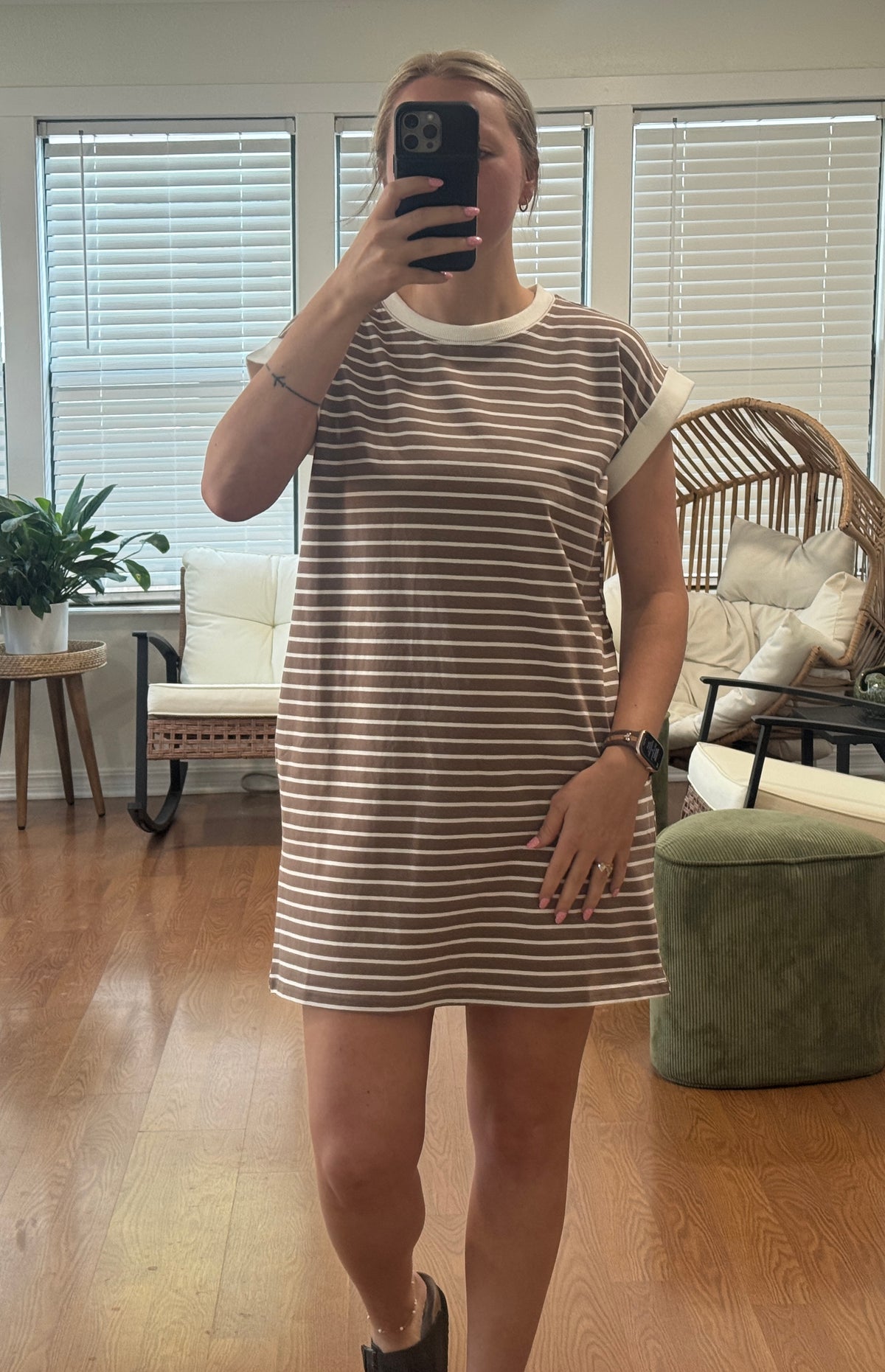 Striped Short Sleeve T-shirt Dress - Mocha