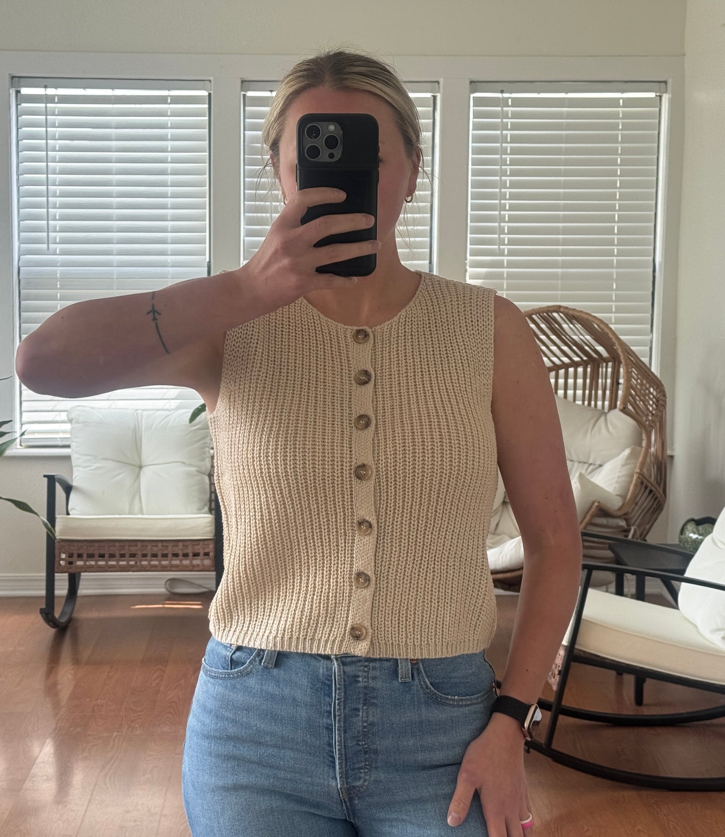 Sleeveless Button Front Cardigan - Beige