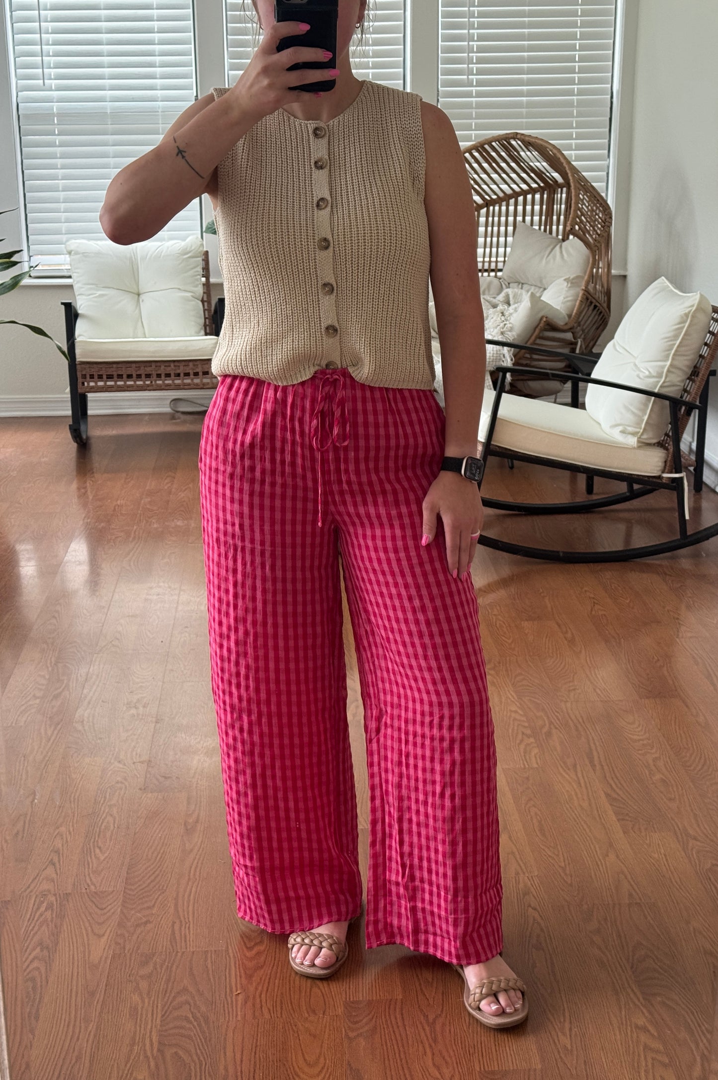 Gingham Print Drawstring Pants - Pink