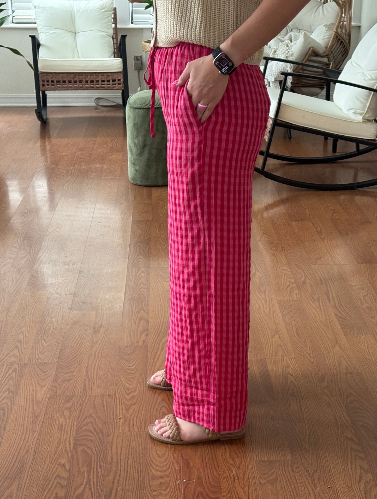 Gingham Print Drawstring Pants - Pink