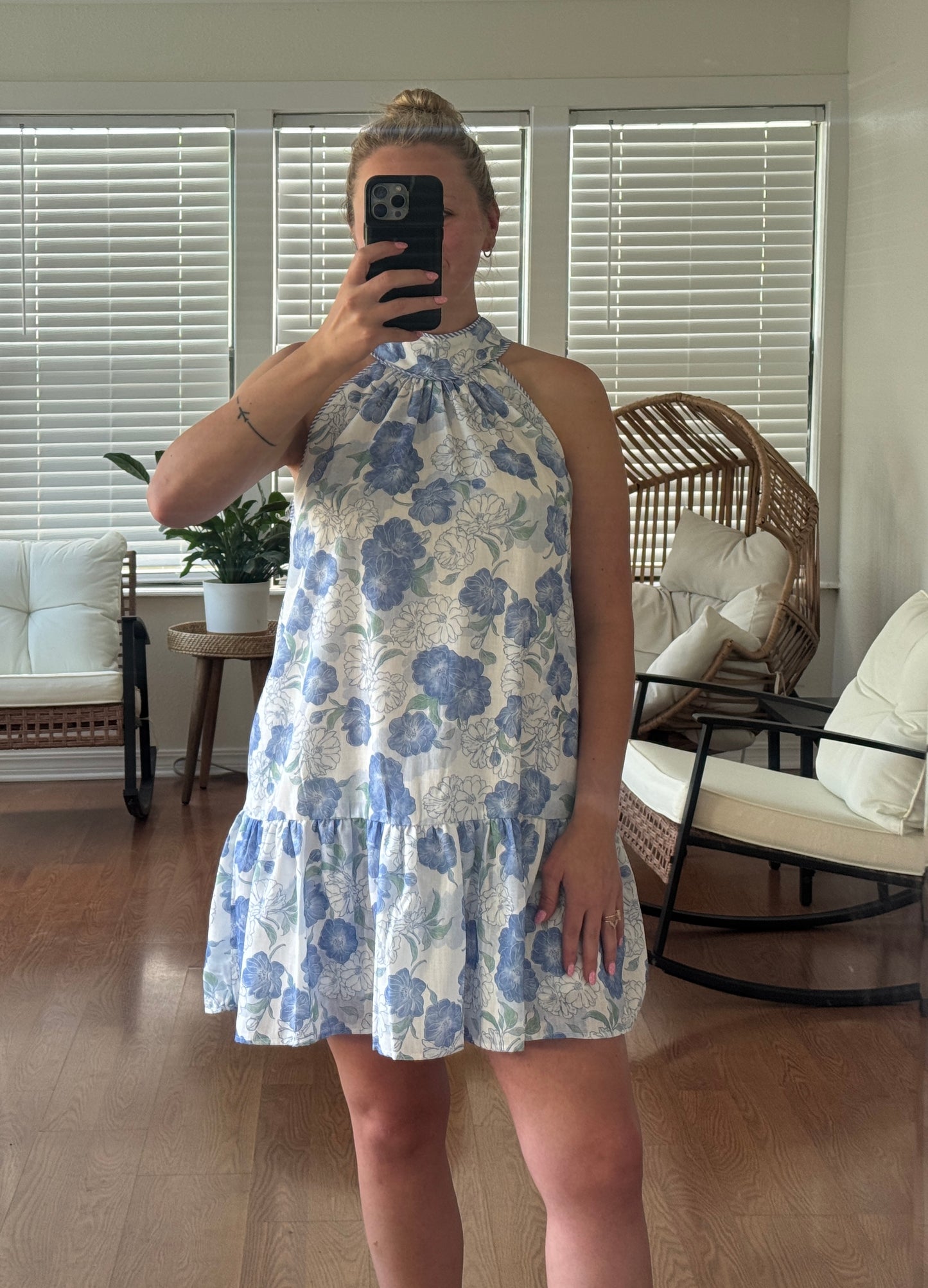 Floral Print Halter Mini Dress - Blue