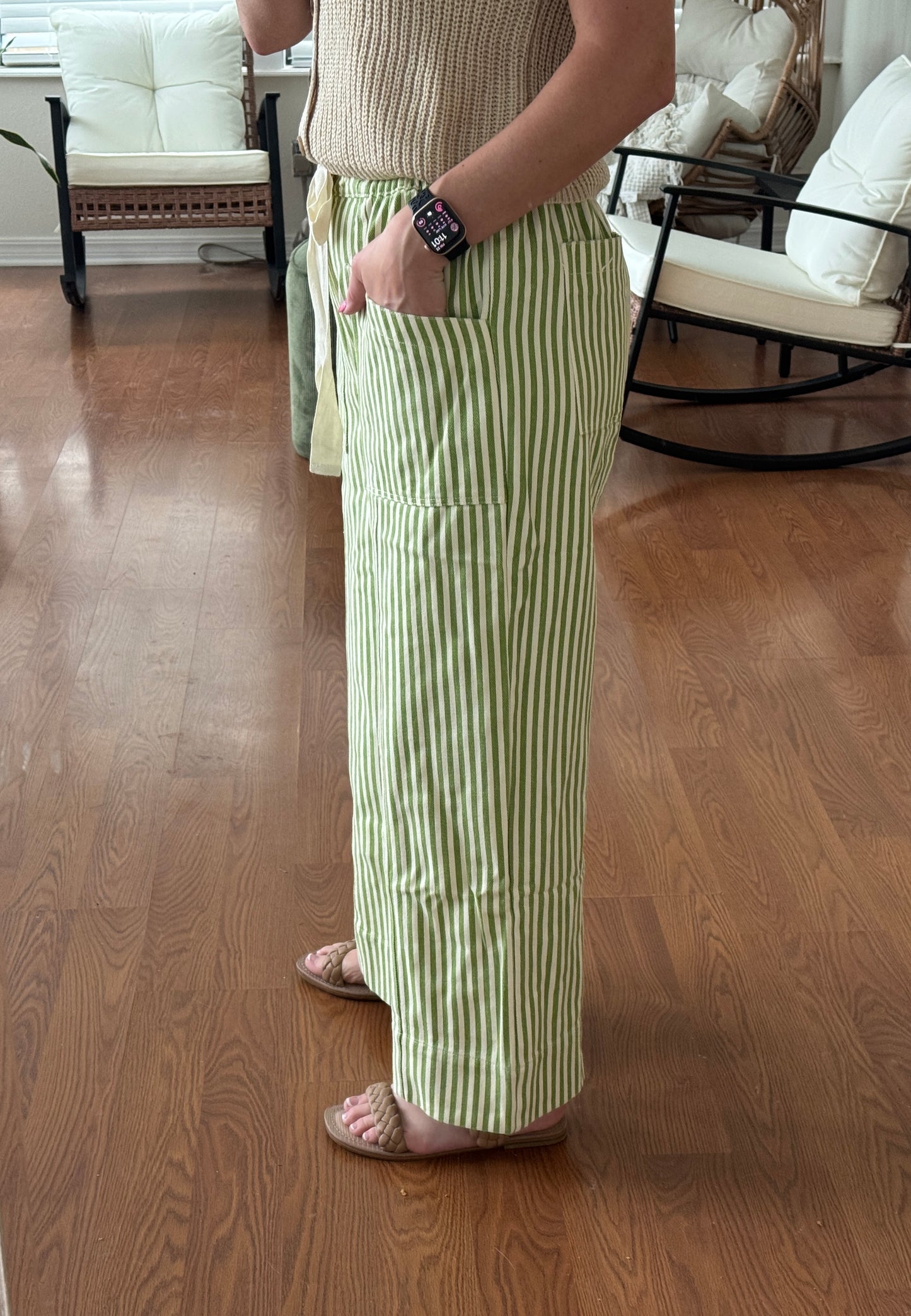 Striped Wide Leg Pants - Sage + Cream