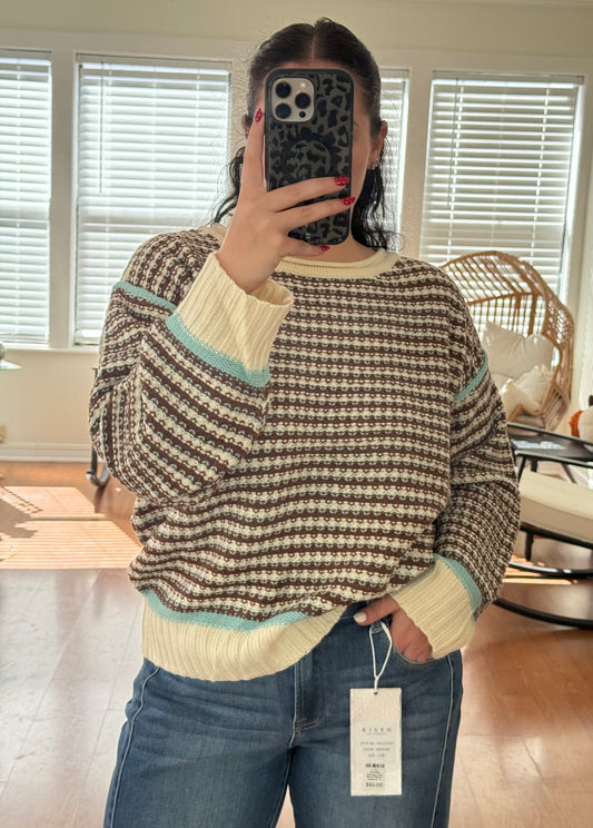 Striped Crochet Contrast Sweater - Blue + Brown