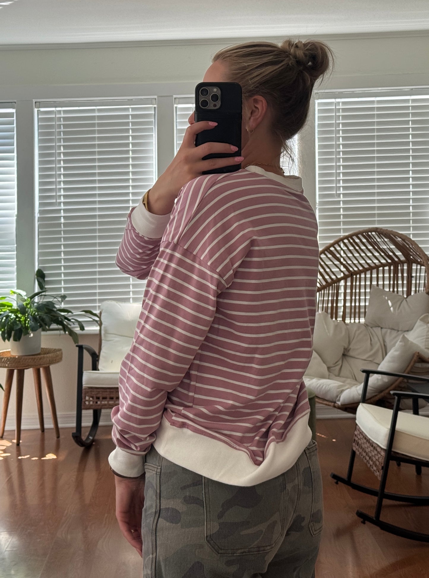 Striped Long Sleeve Pullover - Light Rose