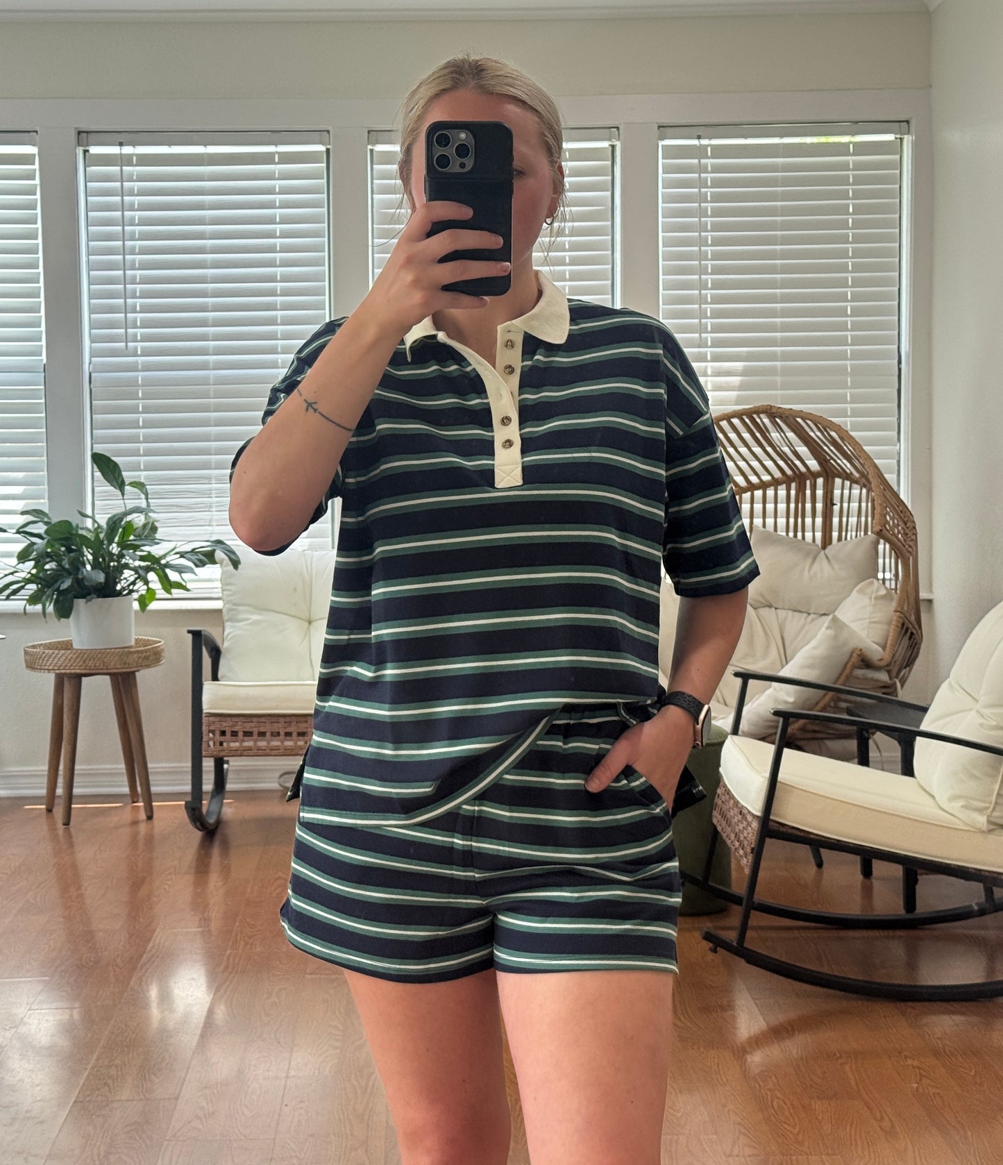Striped Polo Top & Shorts Set - Navy Blue