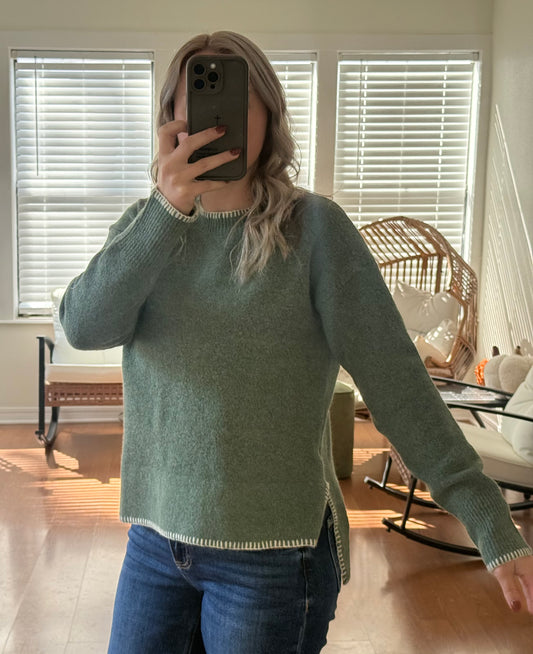 Contrast Stitch Wool Sweater - Green