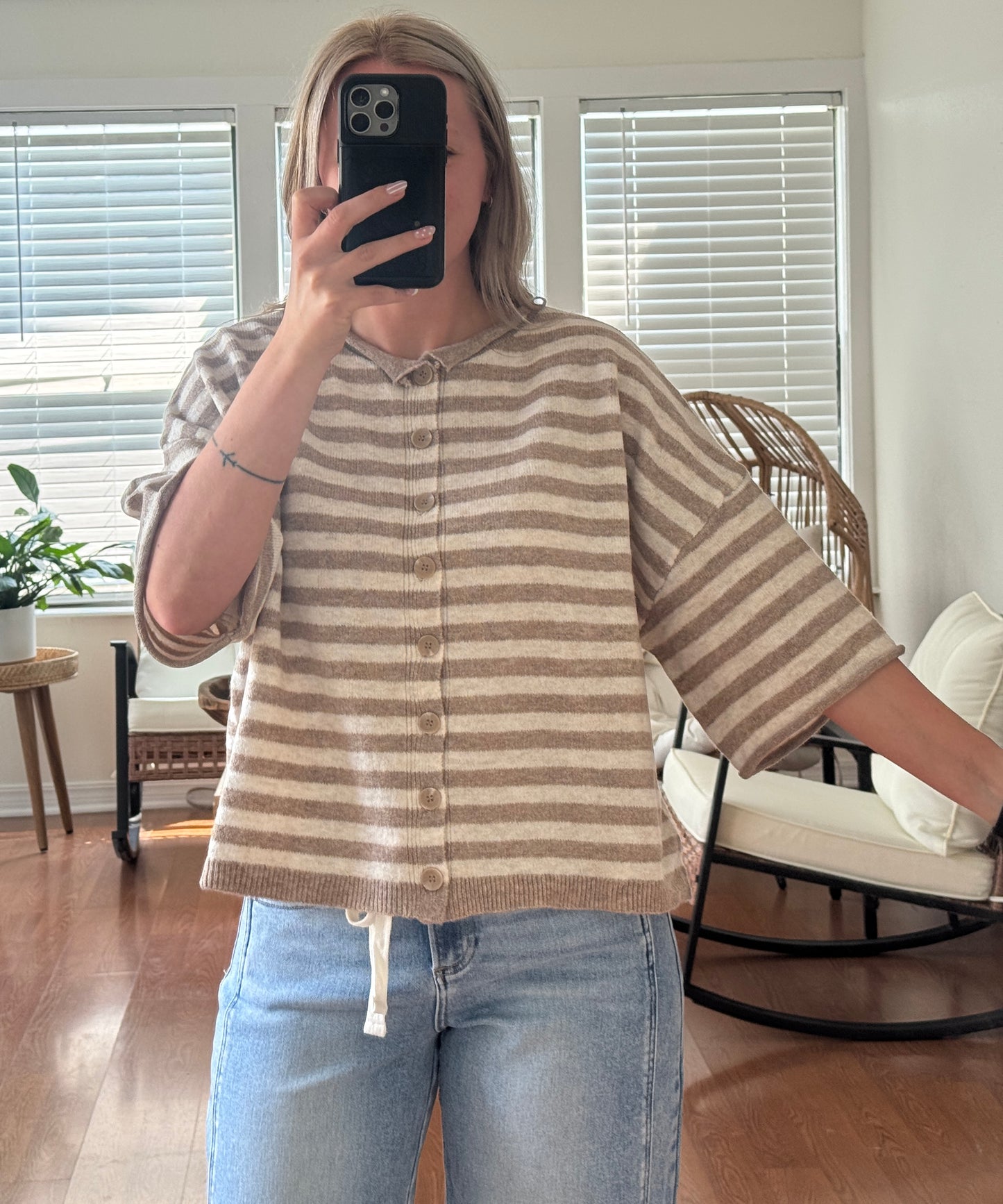 Stripe Raw Edge Short Sleeve Cardigan - Mocha + White