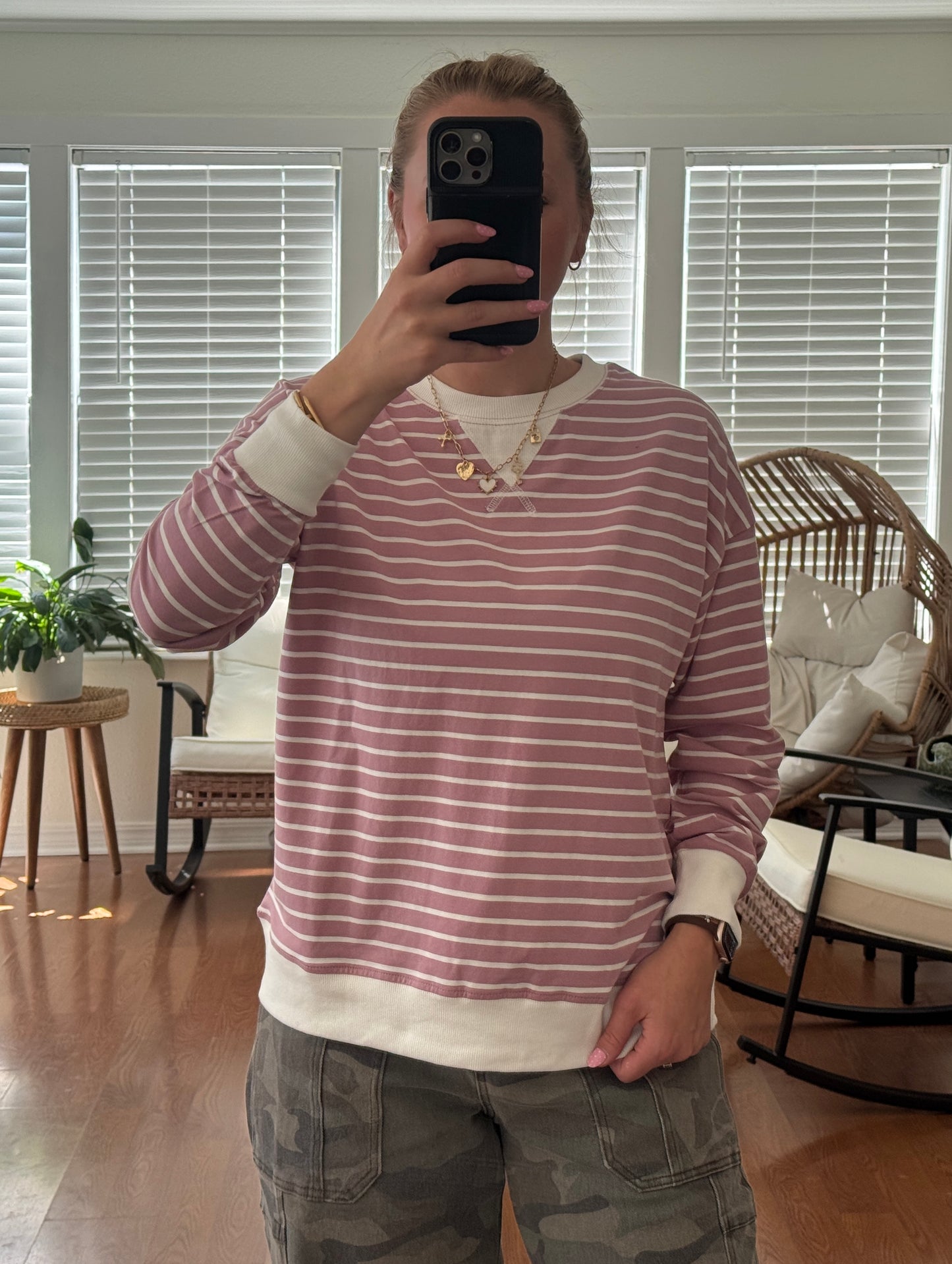 Striped Long Sleeve Pullover - Light Rose