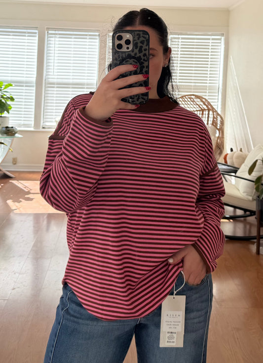 Oversized Contrast Trim Striped Top - Pink + Brown