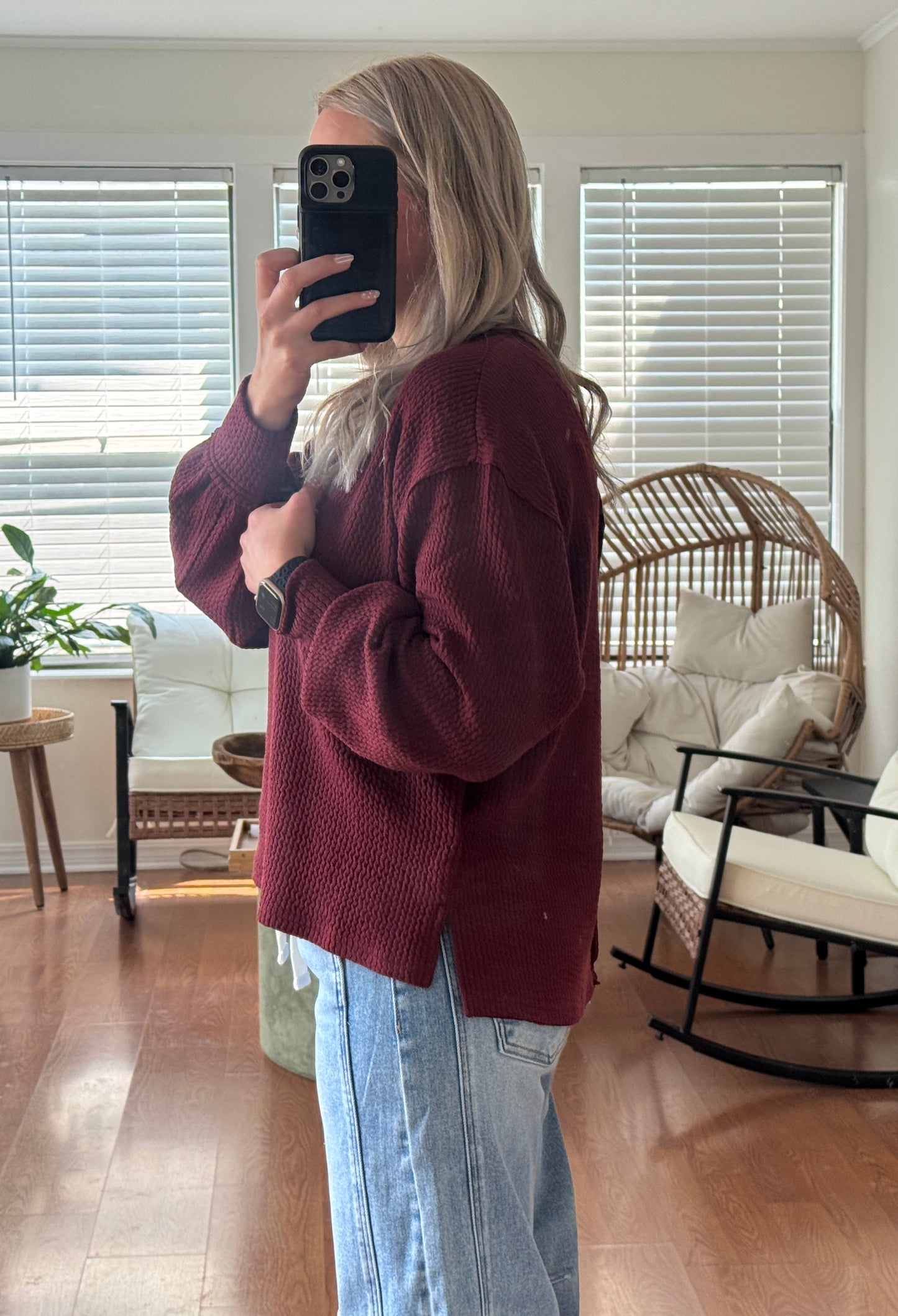 Textured Long Sleeve Knit Top - Burgundy