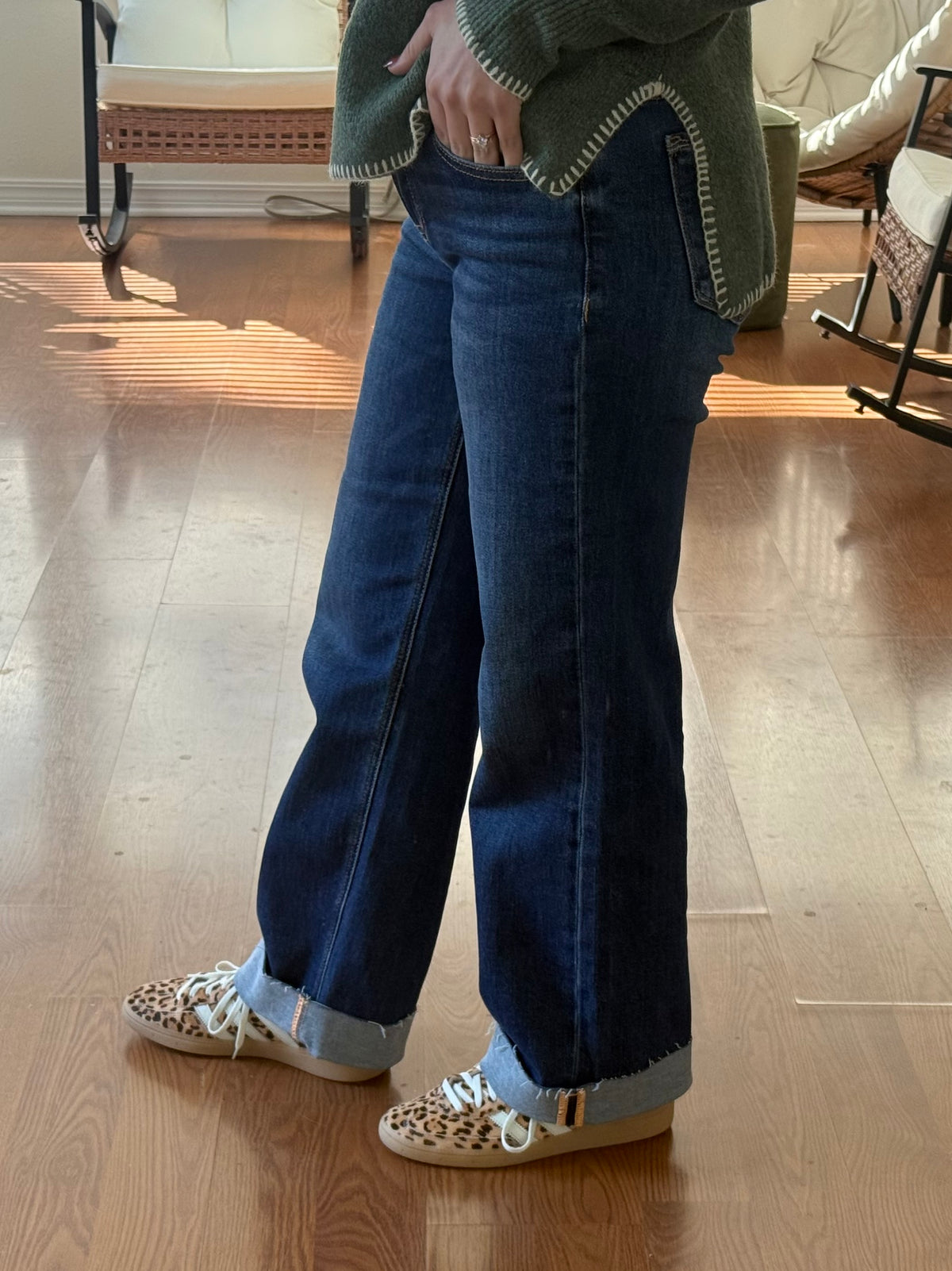 Mid Rise Cuffed Ankle Straight Leg Jeans