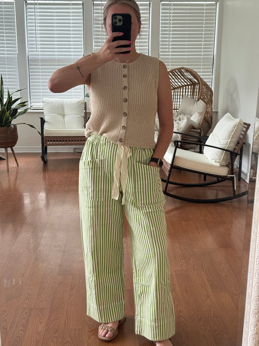 Striped Wide Leg Pants - Sage + Cream