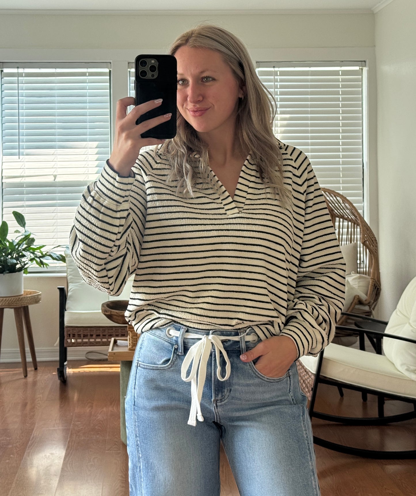 Striped Collared Sweatshirt - White + Black