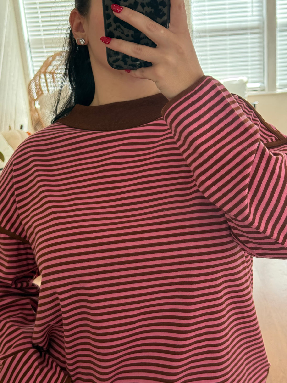 Oversized Contrast Trim Striped Top - Pink + Brown
