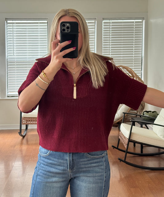 1/4 Zip Knit Short Sleeve Sweater - Burgundy