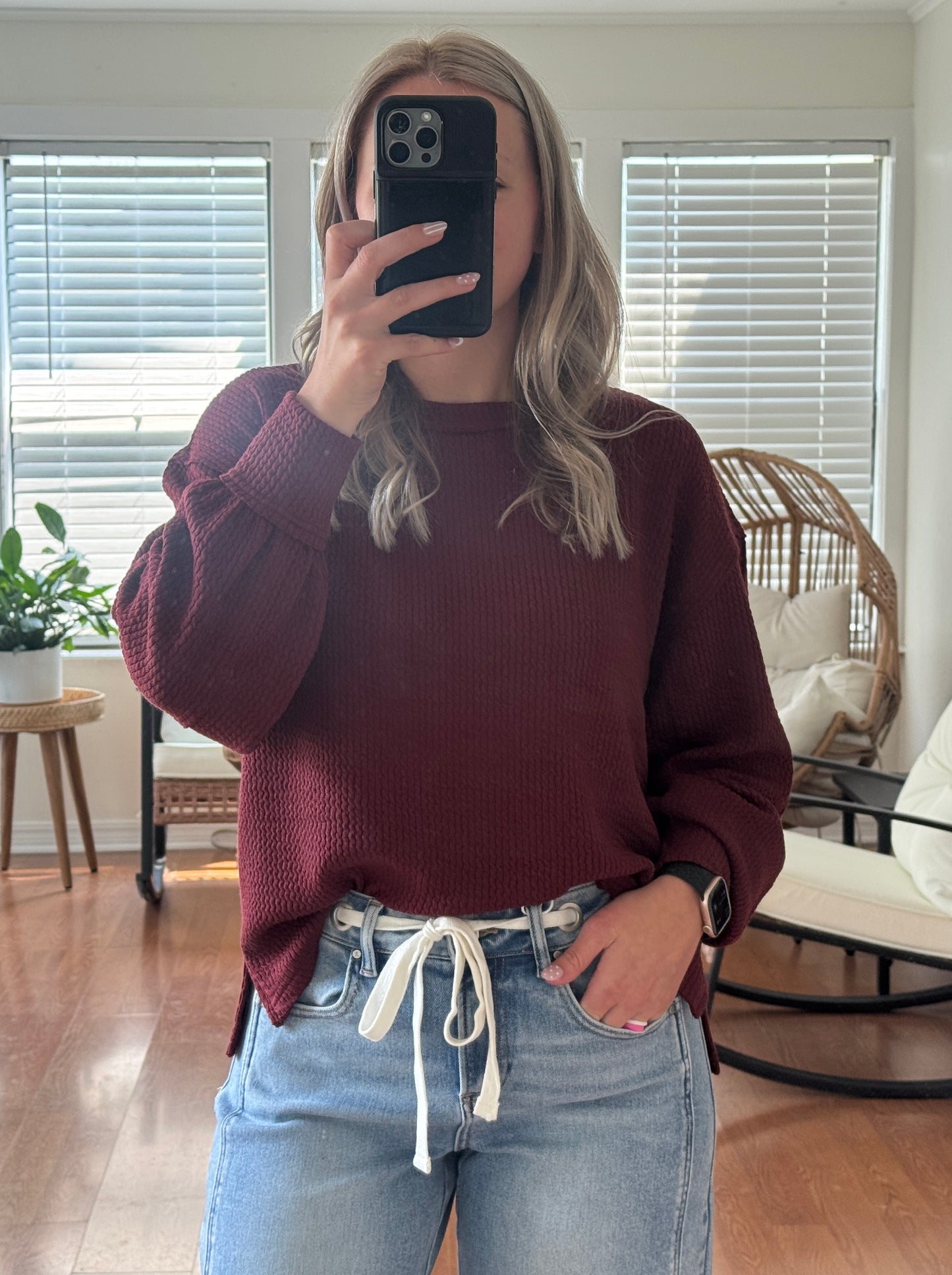 Textured Long Sleeve Knit Top - Burgundy