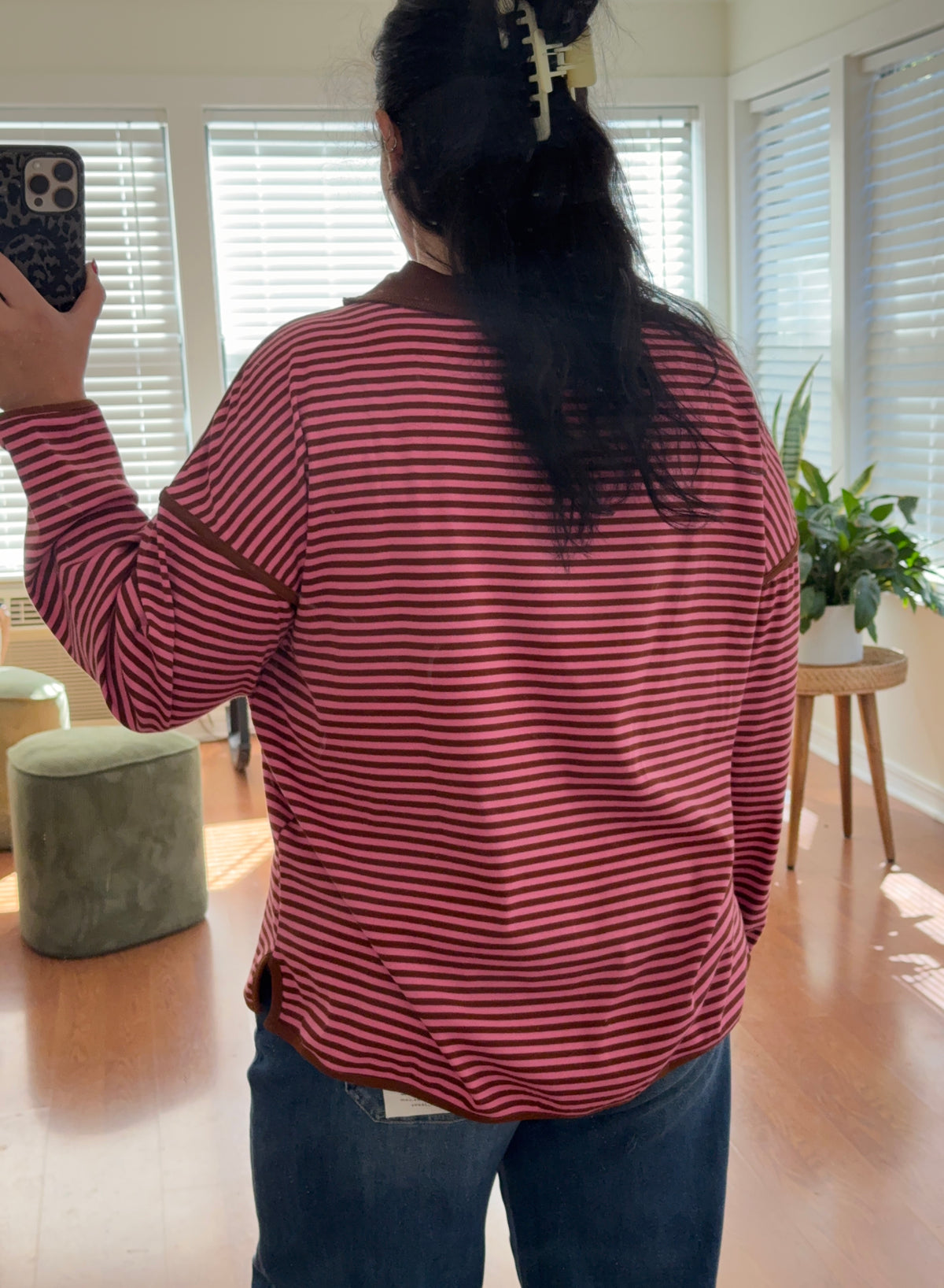 Oversized Contrast Trim Striped Top - Pink + Brown