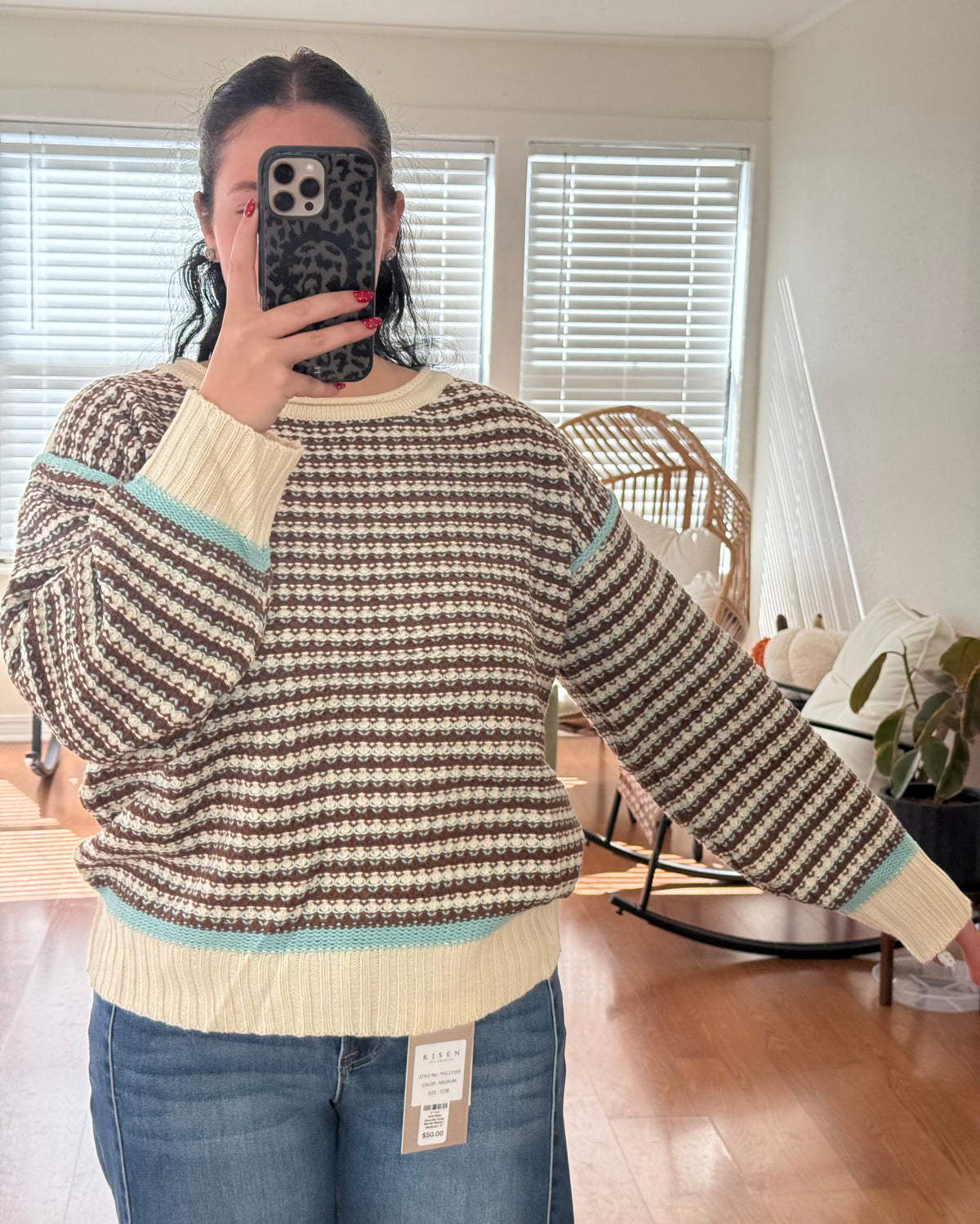 Striped Crochet Contrast Sweater - Blue + Brown