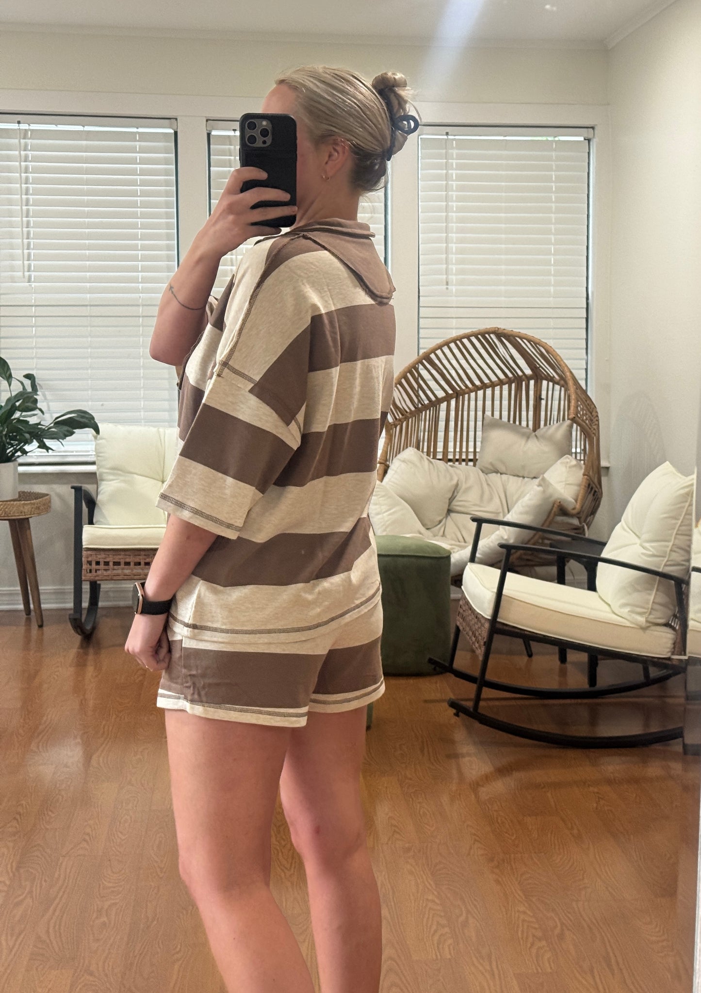 Striped Half Zip Top & Shorts Set - Mocha