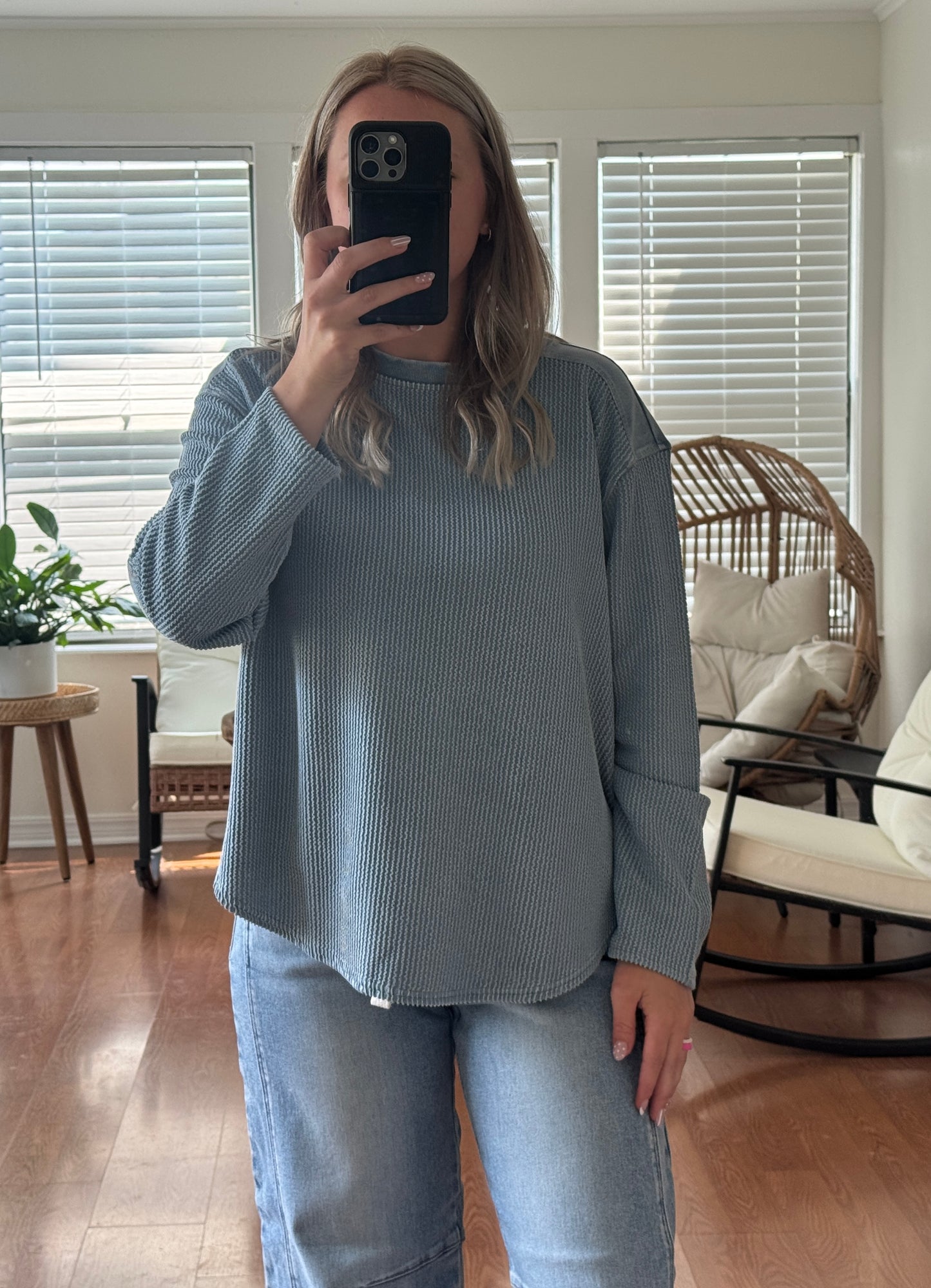 Boxy Thermal Long Sleeve Top - Light Blue
