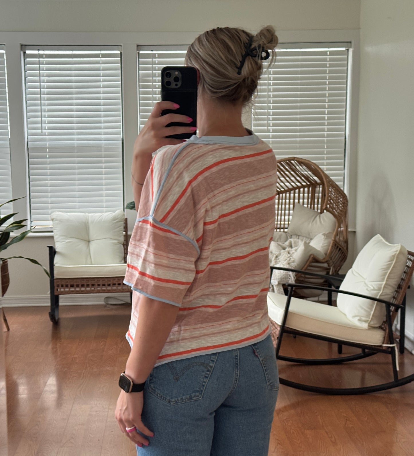 Striped Boxy Short Sleeve Tee - Coral + Blue