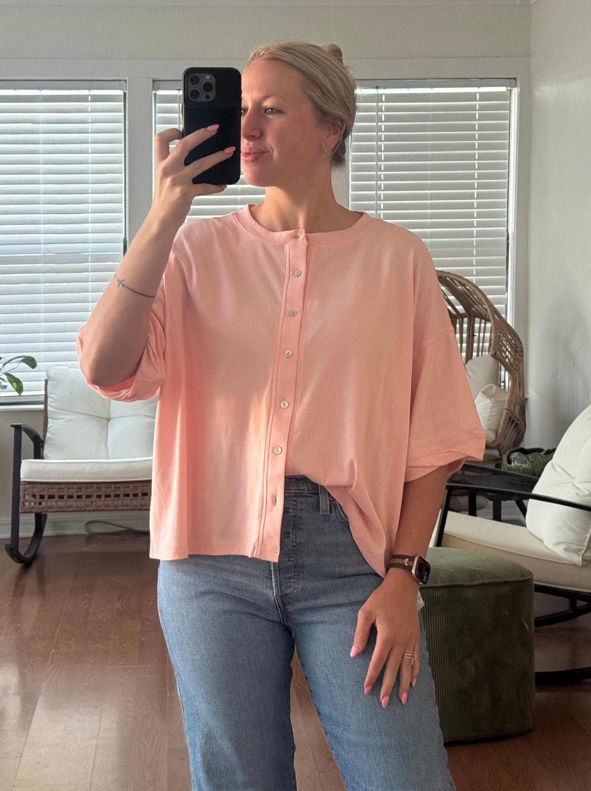 Oversized Button Front Knit Top - Pink
