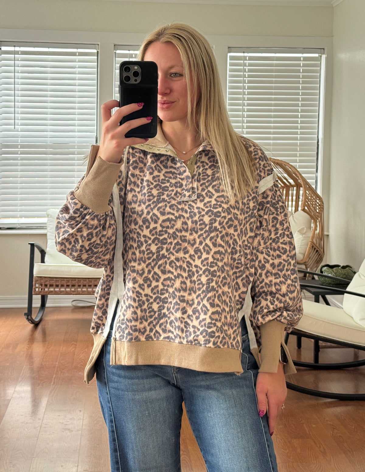 Leopard Button Collar Pullover - Tan + Gray
